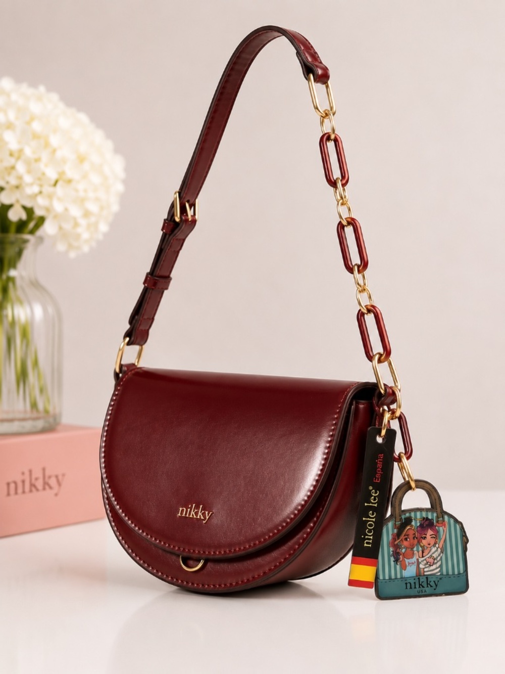 NWT Nikky by Nicole Lee Flap Crossbody Saddle Bag Burgundy Chain Strap Polka Dot